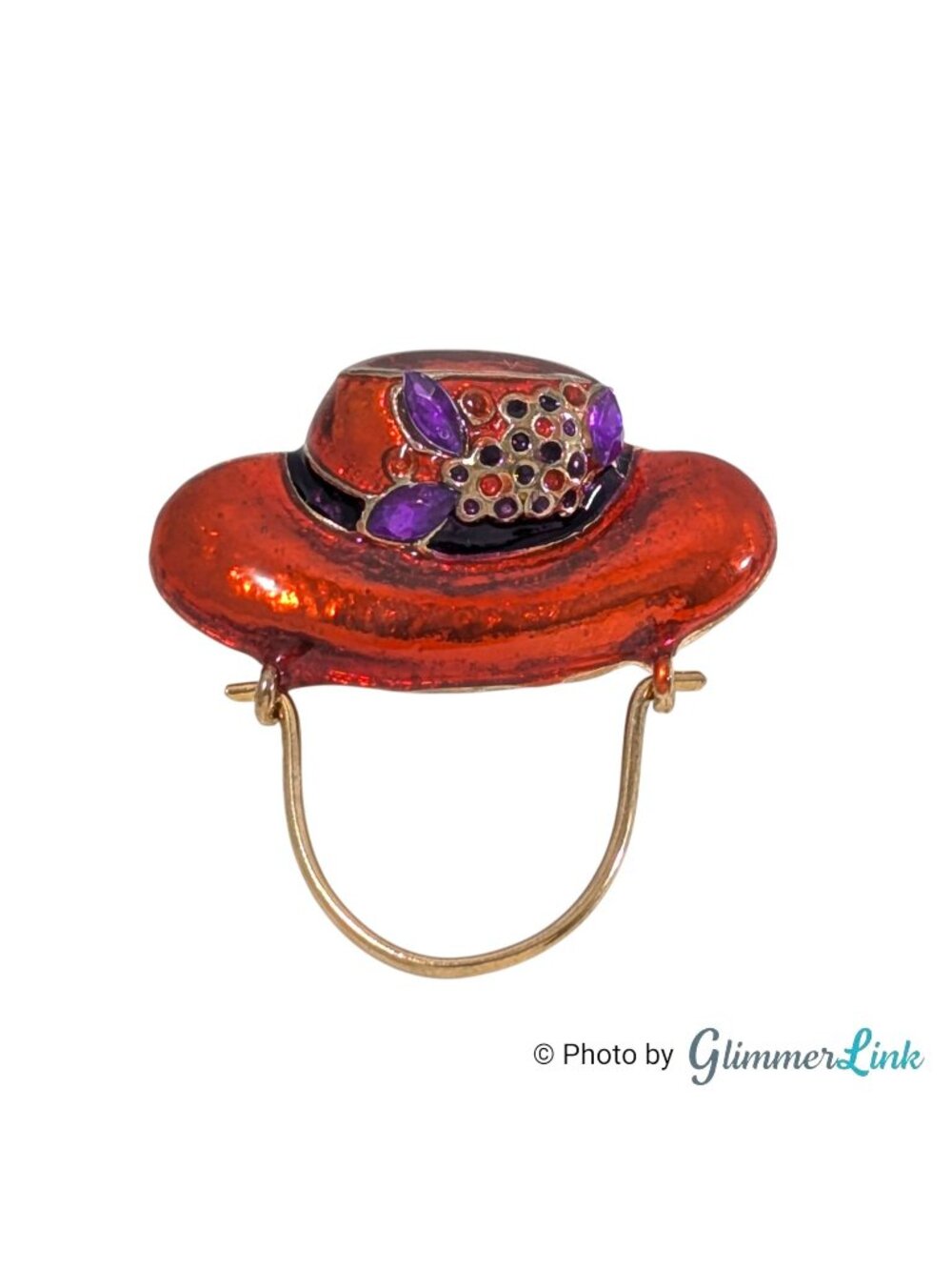 Vintage Red Enamel Hat Brooch Purple Rhinestone Eyeglass Holder Gold Tone